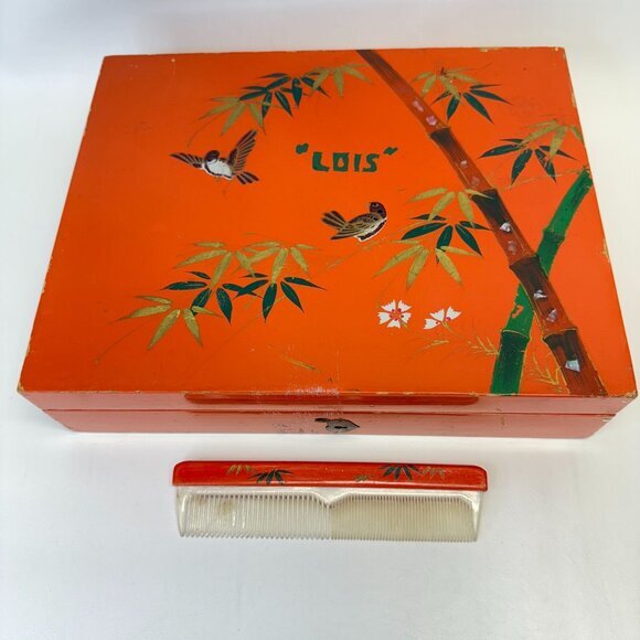 Japanese Lacquered Box and Comb Set Birds Bamboo Vintage Hand Painted MCM - Picture 1 of 16
